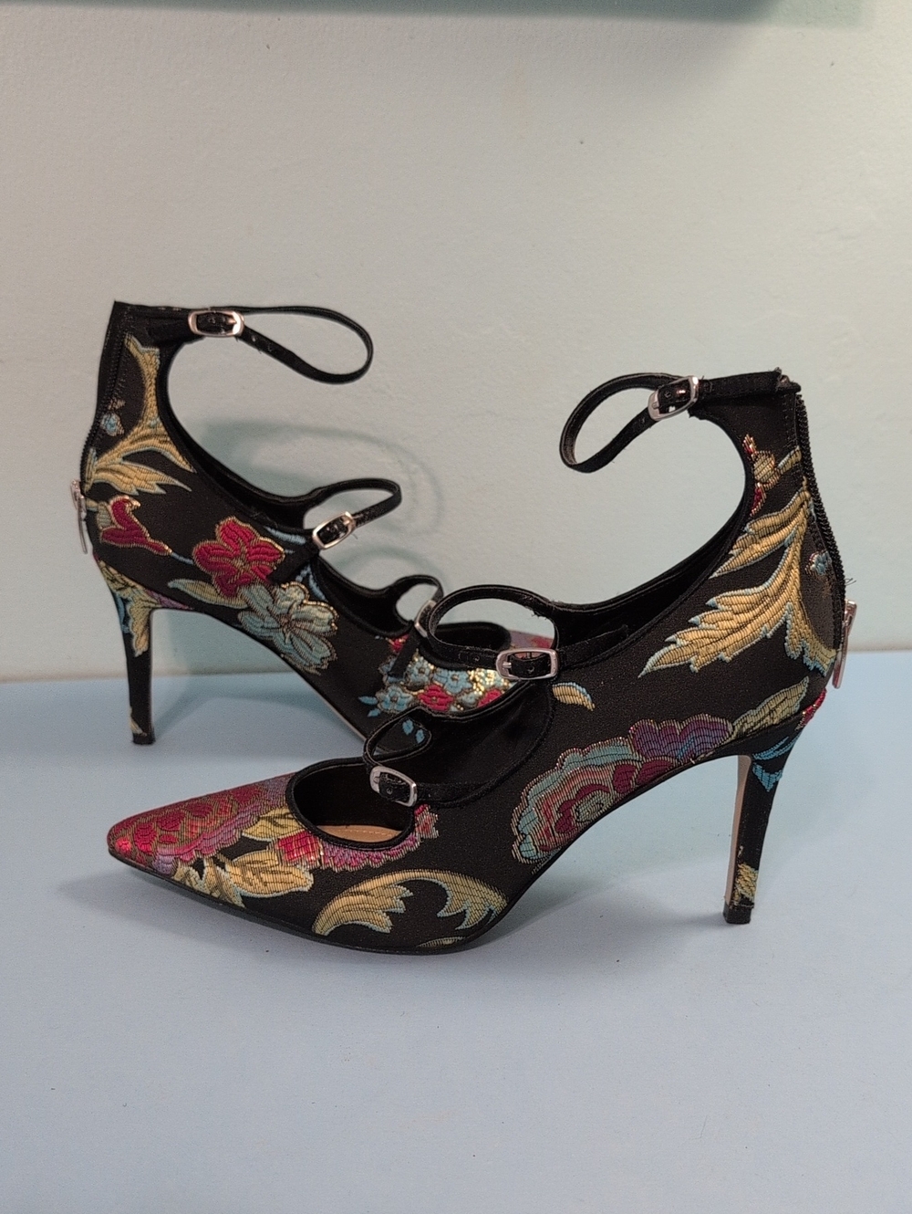 Marc Fisher Floral Embroidered Strapy Heels, Black/Red, Sz 9.5
